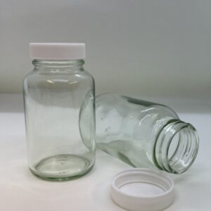 Powder Bottle, Clear Glass with White Cap, 4oz